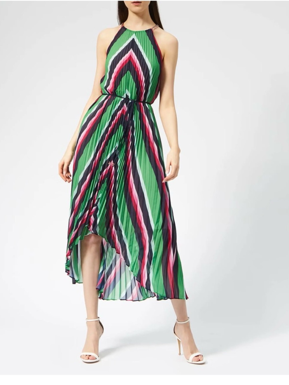 Ted Baker Shannah Stripe High-Low Pleated Dress in Green, Pink & Black Stripe
